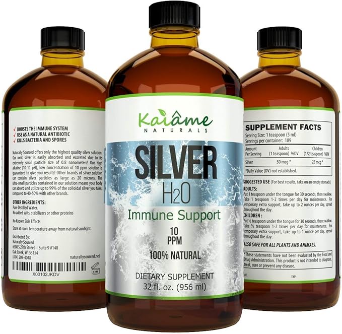 Kaiame Naturals Colloidal Silver, Ionic Silver Solution, 10 PPM, Large 32 oz Glass Bottle, Natural Immune Support Supplement, Safe for Adults, Children, and Pets