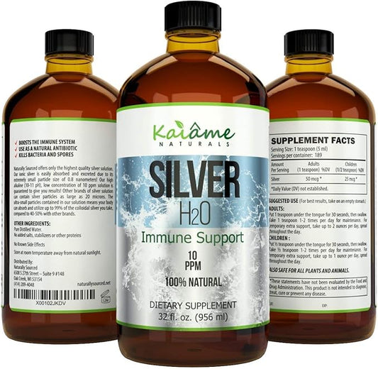 Kaiame Naturals Colloidal Silver, Ionic Silver Solution, 10 PPM, Large 32 oz Glass Bottle, Natural Immune Support Supplement, Safe for Adults, Children, and Pets
