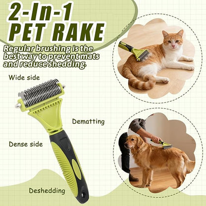 2-in-1 Dog Grooming Brush for Shedding & Dematting Comb for Dogs and Cats, Double Coat Undercoat Rake & Slicker Brush Pet Grooming Tool (Green)