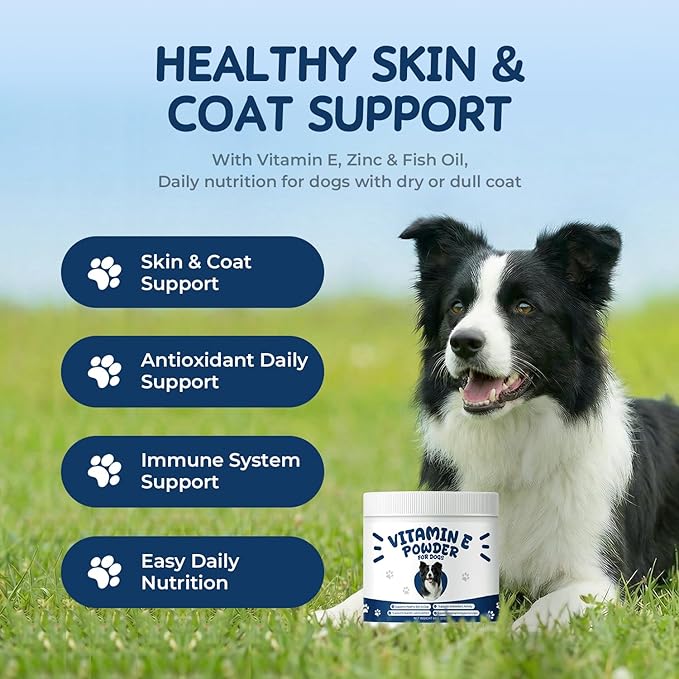 Vitamin E for Dogs Powder - Dog Vitamins & Antioxidant Support - Skin & Coat Support, Immune & Liver Function - Daily Dog Supplements & Vitamins with Fish Oil & Zinc - 60 g