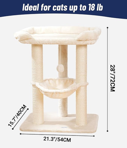 Happi N Pets 28" Cat Tree, Large Bed for Big Cats, Small Cat Tower with Soft Perch for Window Viewing, Stable Cat Tree Tower, Cat Scratching Post with Hammock, Removable Cover-Beige