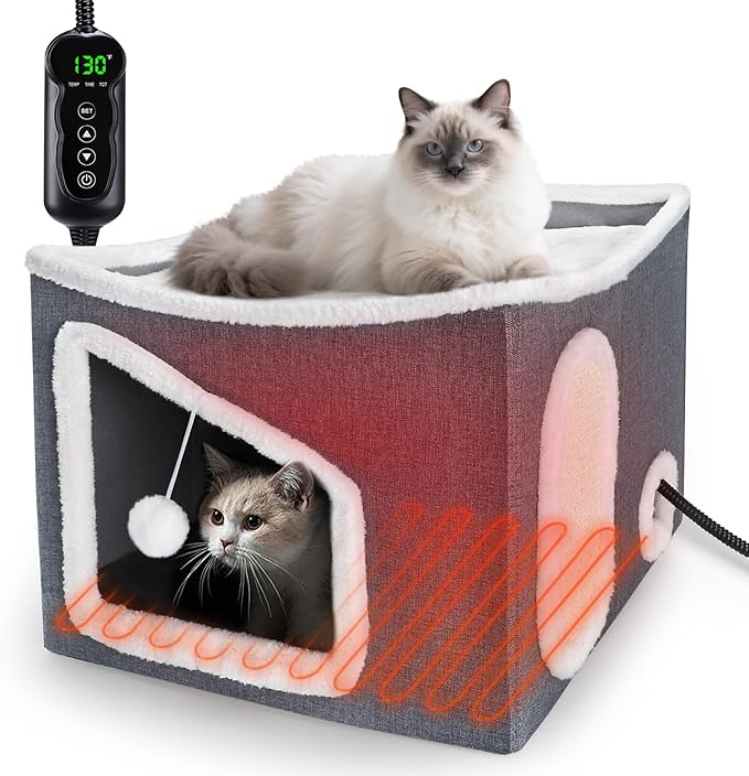 Tovve Heated Cat House for Indoor, Large Cat Bed with Heating Pad, Adjustable Temperature & Timing, with Fluffy Ball Hanging and Scratch Pad, Foldable Pet Hideaway for Small Medium and Large Cats（XL）
