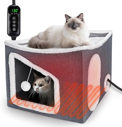 Tovve Heated Cat House for Indoor, Large Cat Bed with Heating Pad, Adjustable Temperature & Timing, with Fluffy Ball Hanging and Scratch Pad, Foldable Pet Hideaway for Small Medium and Large Cats（XL）