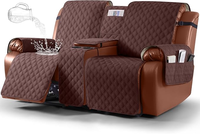 Ruaozz Waterproof Loveseat Recliner Cover with Console Non-Slip Reclining Couch Covers Split Sofa Slipcovers with Elastic Straps Furniture Protector for Kids, Dogs, Pets (Coffee, 2 Seater)