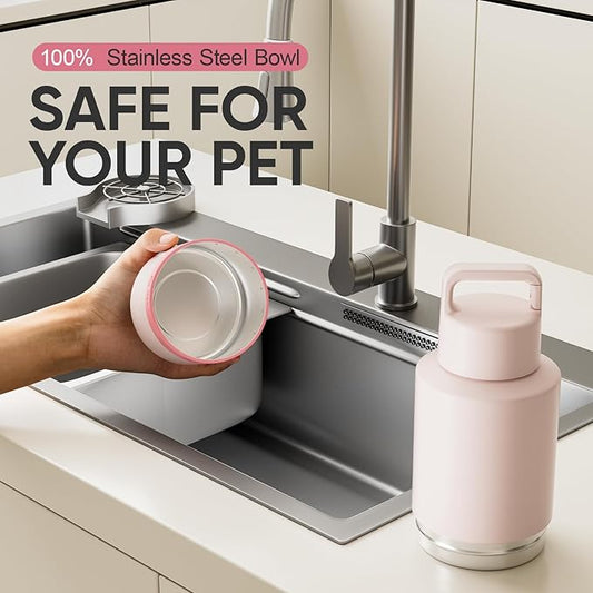 KEWIXY Insulated Dog Water Bottle with Travel Bowl, Dog Lover Gift, Portable Water Bottle Dispenser, Accessories for Car, Hiking, Camping, Outdoor, Leak-Proof, Detachable (Pale Pink)