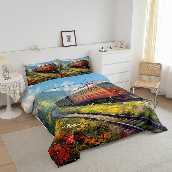 Erosebridal Watercolor Train Twin Comforter Steam Engine Comforter Set Oil Painting Bedding Set Rainbow Botanical Floral Duvet Set Hand Drawn Car Theme Room Décor for Kids Toddler Boys
