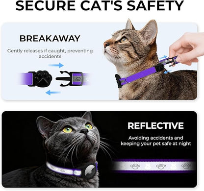 Breakaway AirTag Cat Collar, Reflective Cat Tracker Collar with Air Tag Holder and Bell, Safety Elastic Band Cat GPS Collars for Girl Boy Cats, Kittens and Puppies (Purple, 8-13'')