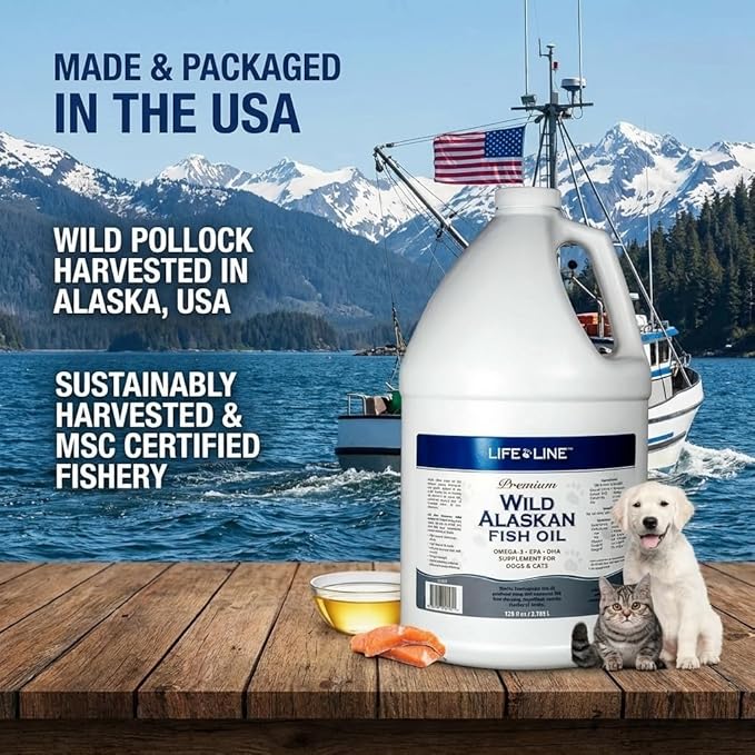 Life Line Pet Nutrition Wild Alaskan Fish Oil for Dogs and Cats 128oz – Omega 3 Fish Oil Supplement for Skin & Coat, Brain, Eye & Heart Health
