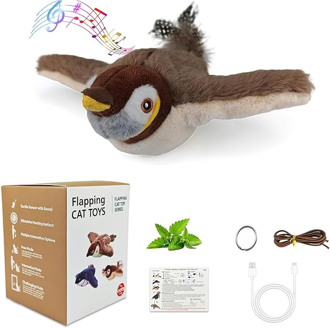 Interactive Chirping Bird Cat Toys with Flapping Wings,New Flying Birds Cats Toy, Flying Simulation Electric Sparrow Shaking Hunting Pet Toy for Indoor (Sparrow)