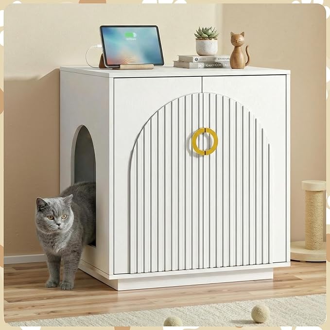 Large Cat Litter Box Enclosure for Self Cleaning Litter Box, 34.84" Tall Litter Boxes Furniture w/Outlets, Modern Cat House, Hidden Cat Litter Furniture for Living Room White