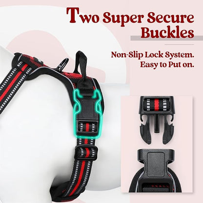 rabbitgoo Dog Harness No Pull with 2 Leash Clips, Adjustable Soft Padded, Reflective Oxford No Choke Pet Vest with Easy Control Handle for Medium Sized Dogs, Red Plaid, M