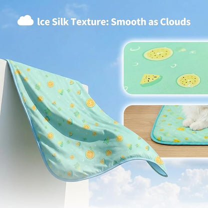 NWK Pack of 4 Pet Cooling Mat -Q-Max>0.345 Ice Silk Cooling Mat for Dogs & Cats Portable & Washable Pet Cooling Blanket, Car Seats, Beds for Summer (4pcs, Green Fruit, 27'' X 20'' X 0.3'')