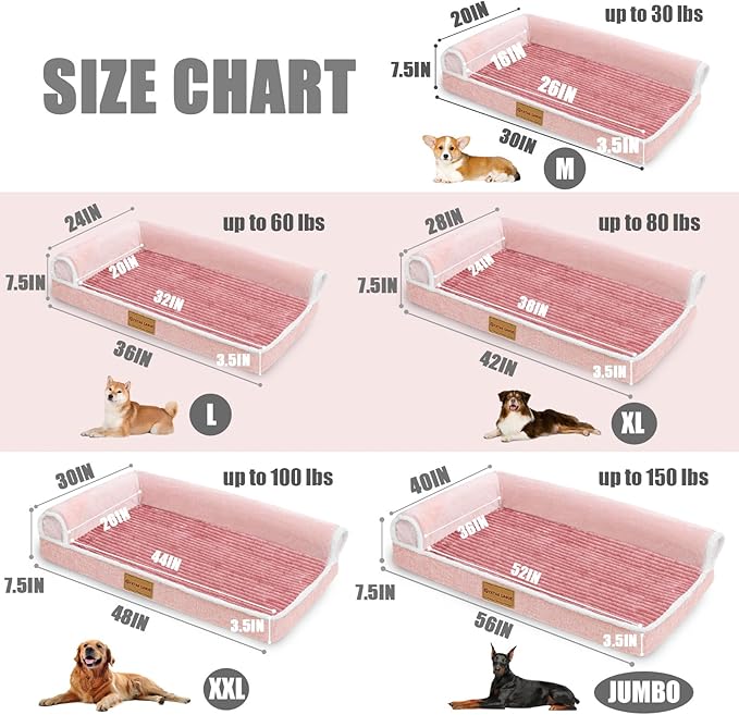 Patas Lague Orthopedic XL Dog Bed Large Sized Dog 48''X30'', Waterproof Comfortable L Bolster Big Extra Large Non-Slip Soft Warm Pet Crate Bed Sleep Sofa mat with Removable Washable Cover, Pink