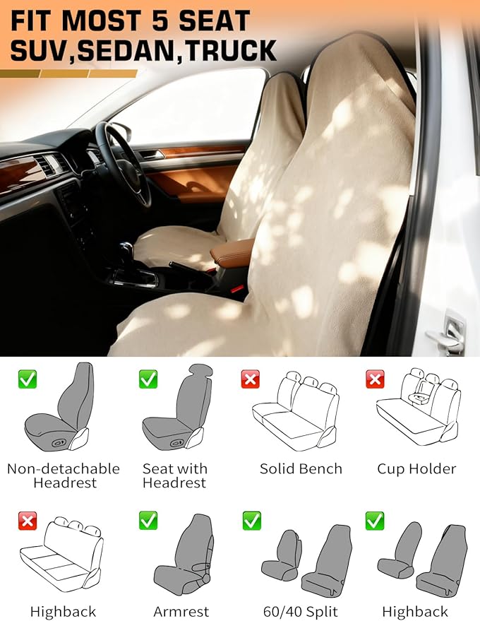 550g Heavy Duty Towel Car Seat Cover, Waterproof Sweat Protector for Post-Gym & Beach, Non-Slip Microfiber Bucket Seat Mat for Sedans SUV Minivans, Machine Washable (Beige, 1-Pack)