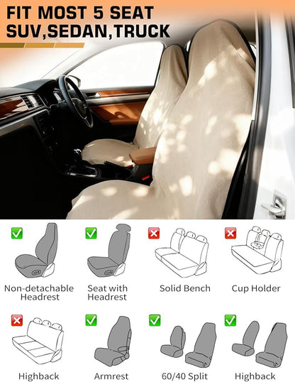 550g Heavy Duty Towel Car Seat Cover, Waterproof Sweat Protector for Post-Gym & Beach, Non-Slip Microfiber Bucket Seat Mat for Sedans SUV Minivans, Machine Washable (Beige, 1-Pack)