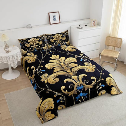 Bohemian Paisley Full Comforter Set Hippie Mandanla Bedding Set, Black and Gold Duvet Insert Vintage Floral Quilt Comforter Boho Aesthetic Flower Bedding Comforter Sets, Retro Medallion Bedroom Decor