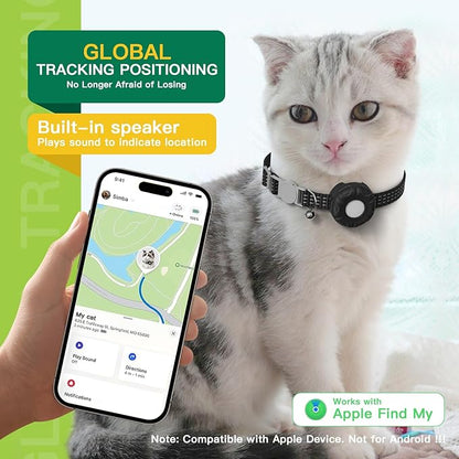 Cat Tracker, GPS Tracker, Pet Tracker, Compatible with Apple Find My App(Only iOS), Real-Time Location, No Subscription Required,Territory & Location History, Breakaway Collar Included, Black