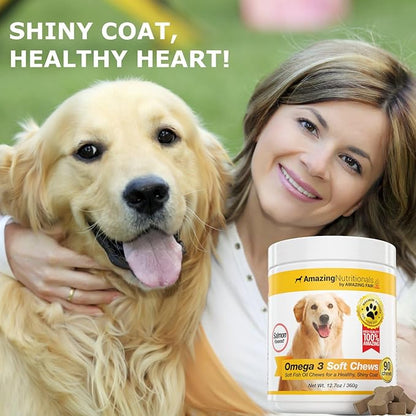 Amazing Omega 3 for Dogs - Omega 3 Fish Oil for Dogs Supplement for Itchy Skin Relief for Dry Skin and Hot Spots and Shedding Coat with EPA and DHA Fatty Acids - 90 Salmon Soft Chews