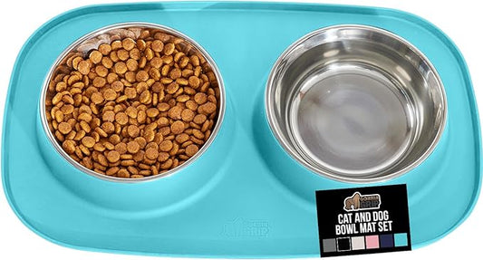 GORILLA GRIP Feeding Mat Bowl Set, 100% Waterproof BPA Free Silicone, 304 Stainless Steel Cat and Dog Bowls for Food and Water, Slip Resistant, High Edge, US Designed, Patent Pending, 2 Cup Turquoise