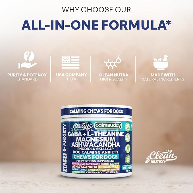CalmBuddy Anxiety and Stress Relief Supplements GABA L-Theanine Magnesium Ashwagandha Rhodiola Rosea Chamomile L-Tryptophan Skullcap Taurine Valerian Root 60 Beef Flavor Chew by Clean Nutra Pets