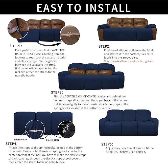 Easy-Going 100% Dual Waterproof Recliner Sofa Cover, 8-Pieces Stretch Relining Couch Cover with Pocket, Jacquard 3 Seat Sofa Slipcover Leakproof Washable (Sofa, Navy)