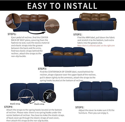 Easy-Going 100% Dual Waterproof Recliner Sofa Cover, 8-Pieces Stretch Relining Couch Cover with Pocket, Jacquard 3 Seat Sofa Slipcover Leakproof Washable (Sofa, Navy)