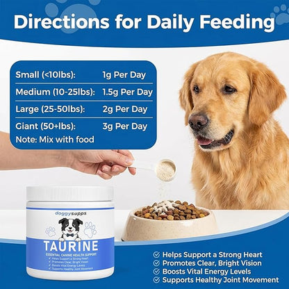 Doggy Supps Taurine, Doggy Supps Taurine Powder for Dogs, Unflavored, Easy-to-Mix Daily Supplement, Immune Support, Skin & Coat Health for Heart, Vision & Daily Wellness, 200 Grams (1)