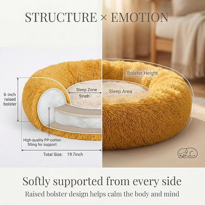 Calming Donut Dogs Beds for Small Dogs Washable,19inch Fluffy Round Puppy Bed for Puppies,Cats & Toy Breeds with Raised Rim,Fits up to 15 lbs Pets,Orange