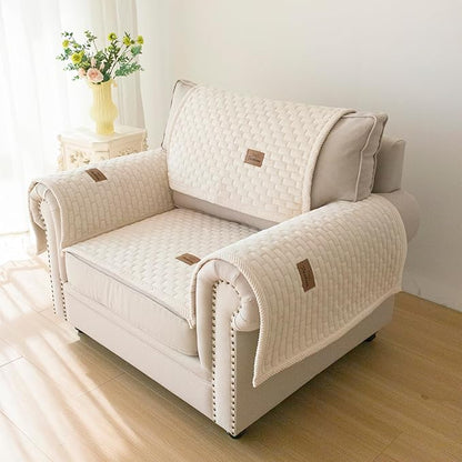 Couch Covers for Dogs Washable, Velvet Dog Couch Cover Protector, Fuzzy Plush Pet Sofa Cover for Single Sofa, Sofa Covers for Pets(1,Beige White,27.6"x27.6",Single Seater)