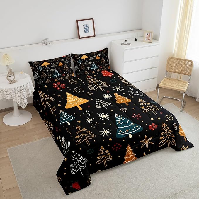 Erosebridal Christmas Theme Comforter Full for Kids Boys Girls Xmas Tree Bedding Set, Glitter Stars Down Comforter Black Bed Set, Cartoon Hand Drawn Quilted Duvet Breathable for All Seasons 3 Piece