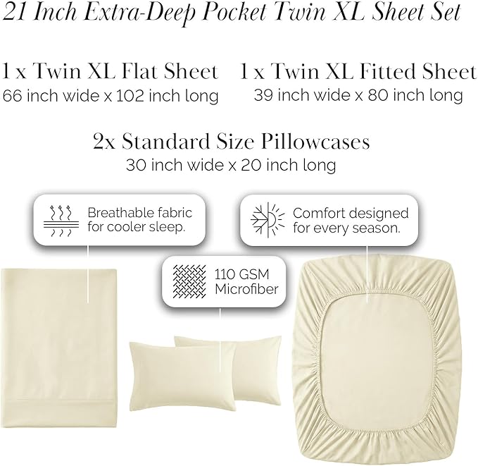 Southshore Fine Living, Inc. 4-Piece Twin XL Sheets Set, 21-Inch Extra Deep Pocket Twin XL Fitted Sheet, Oversized Flat Sheet, Microfiber Bedding Set, Cream Pillow Cases Standard Size, Cream Sheets