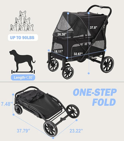 Large Dogs Stroller for Multiple Pets up to 100lbs, Ultra-Breathable Pet Stroller for Medium 2 Dogs，All-Terrain with& Mesh Dual-Window，1680D Waterproof Oxford Fiber (Black)
