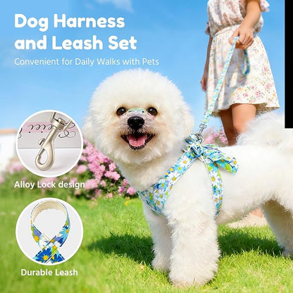 BAEJMJK Dog Harness and Leash Set with Bow Knot No Pull Pet Daisy Floral Harness with D-Ring Soft Mesh Dog Harness Vest Set Escape Proof Princess Puppy Harness for Small Girl Dogs Cats（Blue A XS）