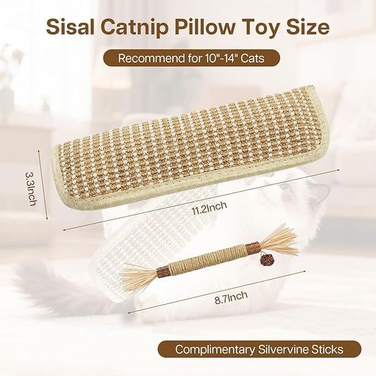 2 Pack 11.2 inch Sisal Pillow Catnip Toy for Cats with Silvervine Sticks, Cat Toys with A+ Organic Catnip Interactive Kicker Toy Scratch-Resistant Safe Chew Toy Teeth Cleaning for Indoor