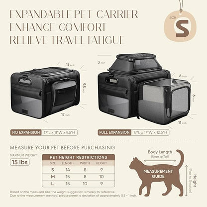 Top and Side Expandable Pet Carrier with Treat & Pet Window,17x11x9.5 Inch Alaska Hawaiian Airline Approved,Soft-Sided Dog Carrier for Small Dogs and Cats,Travel Cat Carrier with Locking Zippers
