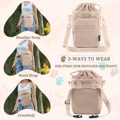 Stylish Dog Training Treat Pouch with Waist & Shoulder Strap, Dog Treat Bag for Walking and Training, Removable Waterproof Liner, Drawstring Treat Holder with Front Pocket & Clicker