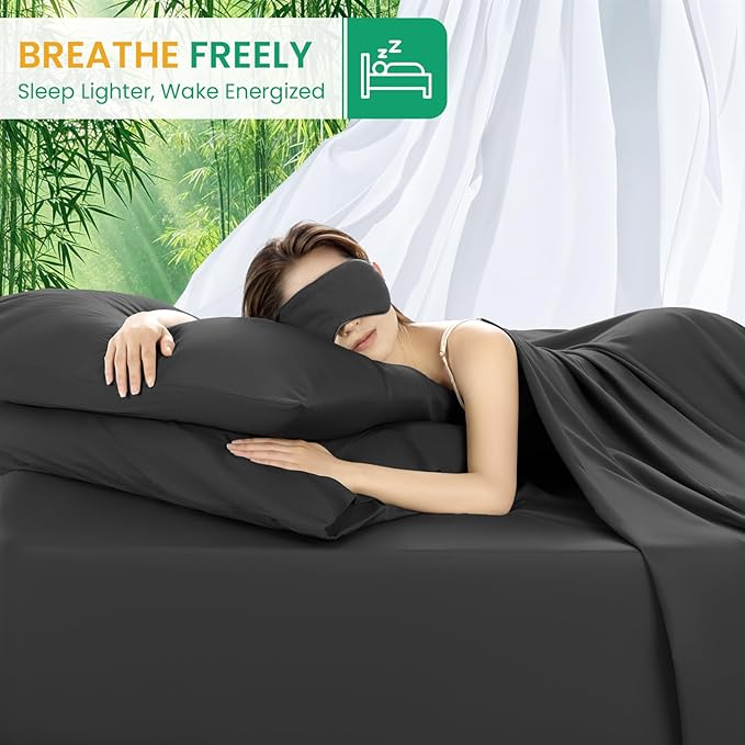 SONORO KATE 100% Viscose Derived from Bamboo_Sheets Queen Size, Ultra Breathable & Cooling Bed Sheets for Hot Sleepers, Hotel Luxury Silky Bedding Sheets, 16" Deep Pocket - 4PC (Black,Queen)