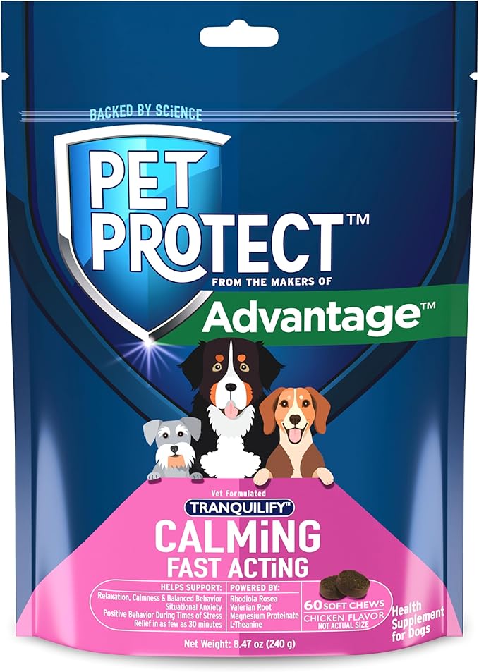 Pet Protect Fast-Acting Calming Supplement for Dogs, Vet-Formulated Tranquilify, Chicken-Flavored Soft Chews (60 Count)