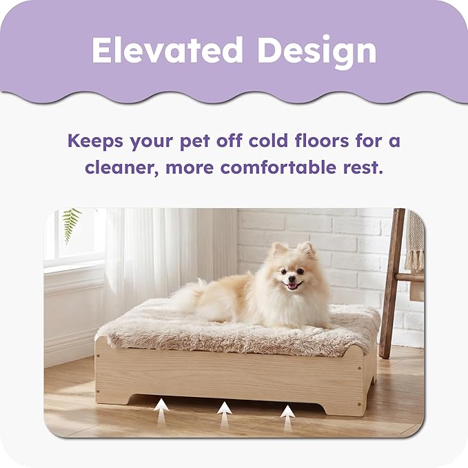 Elevated Wooden Dog Bed with Supportive Cushion & Washable Cover, Sturdy Noise-Free Frame, Modern Furniture-Style Design for Indoor Living Spaces, S Size for Small Dogs, Natural Wood Finish