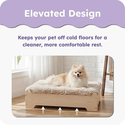 Elevated Wooden Dog Bed with Supportive Cushion & Washable Cover, Sturdy Noise-Free Frame, Modern Furniture-Style Design for Indoor Living Spaces, S Size for Small Dogs, Natural Wood Finish
