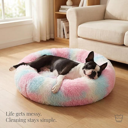 Calming Dog Bed for Medium Dogs Washable Donut 30 inches Anti-Slip Pet Bed,Round Fluffy Plush Faux Fur Cat Bed,Fits up to 45 lbs Pets,Multi Colored