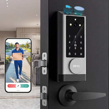 Devo G1 Video Smart Lock with Camera & Doorbell, 6-in-1 Fingerprint Keyless Entry Door Lock for Front Door, App Remote, Auto Locks, Wi-Fi Smart Deadbolt, Easy Install, Waterproof, Silver(Handle)