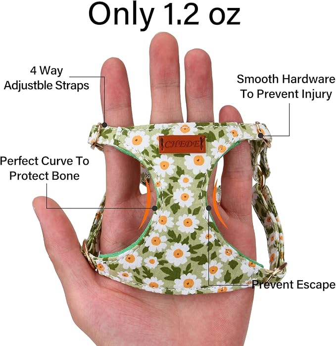 CHEDE No Pull Floral Pattern Dog Harness- Lightweight and Soft Harness, Adjustable Small Dog Harness and Leash Set, with Dog Leash, Suitable for Puppy Small and Medium-Sized Dog (XS, Green Daisy)