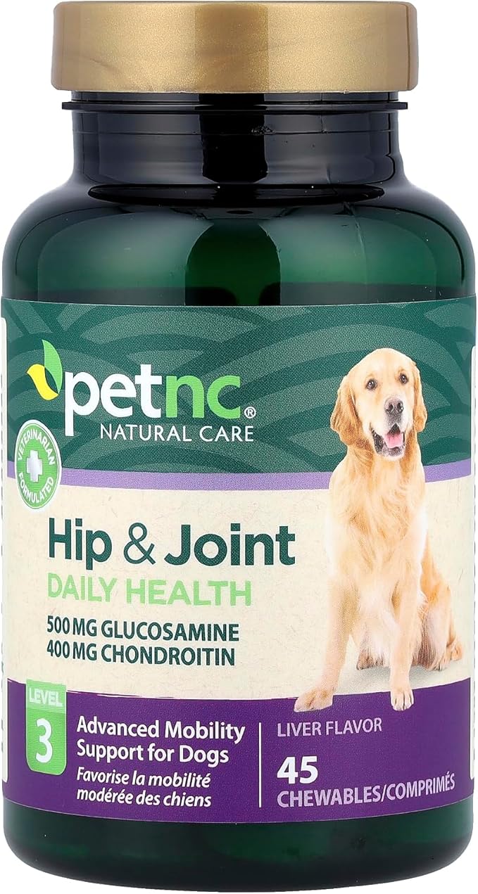 Petnc Level-3 Hip & Joint Health Supplement for Adult Dogs (45 Count), 500mg Glucosamine, 400mg Chondroitin, 50mg MSM, & 6mg Hyaluronic Acid, Includes Vitamin C & Manganese, Liver Flavor