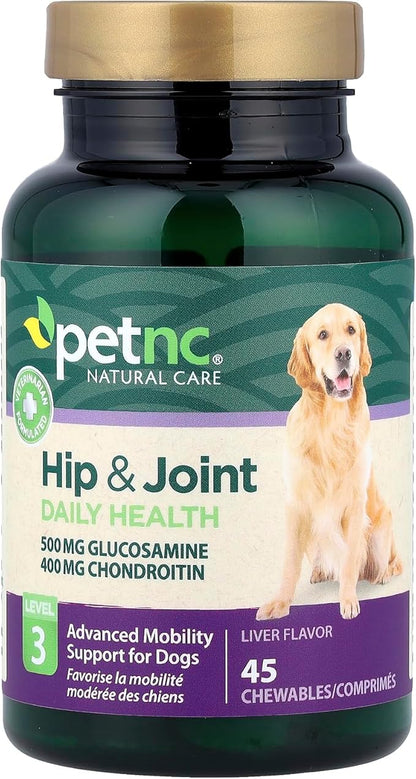 Petnc Level-3 Hip & Joint Health Supplement for Adult Dogs (45 Count), 500mg Glucosamine, 400mg Chondroitin, 50mg MSM, & 6mg Hyaluronic Acid, Includes Vitamin C & Manganese, Liver Flavor