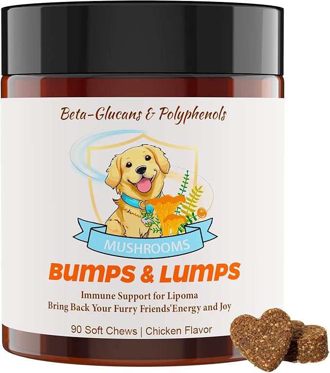 Natural Lipoma Support for Dogs, 7 Organic Mushroom Blend with Beta-Glucans, Boosts Immunity, 1500mg High Potency Turkey Tail, Reishi, Lion's Mane Helps Reduce Lumps & Bumps, 90 Chicken Soft Chews