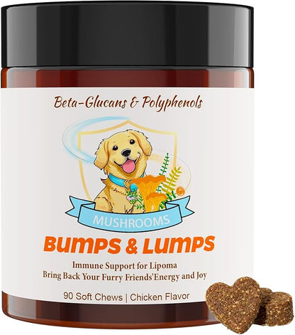 Natural Lipoma Support for Dogs, 7 Organic Mushroom Blend with Beta-Glucans, Boosts Immunity, 1500mg High Potency Turkey Tail, Reishi, Lion's Mane Helps Reduce Lumps & Bumps, 90 Chicken Soft Chews
