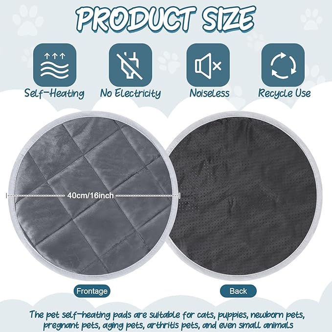 Drydiet 2 Pcs Self Warming Cat Mat Round Self Heating Pad Bed Reversible Machine Washable Heated Bed Anti Slip Warming Pad Pet Mat for Cat Crate Indoor Outdoor(Gray,16 Inch)