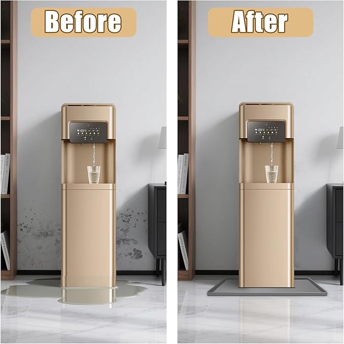 24x16x0.8 Inch Waterproof Water Cooler Mat with Raised Edge - Non-Slip Spill Drip Tray for Cooler Dispensers, Easy to Clean Mat for Floor & Countertop Protection in Kitchen, Office, Bedroom (Grey)