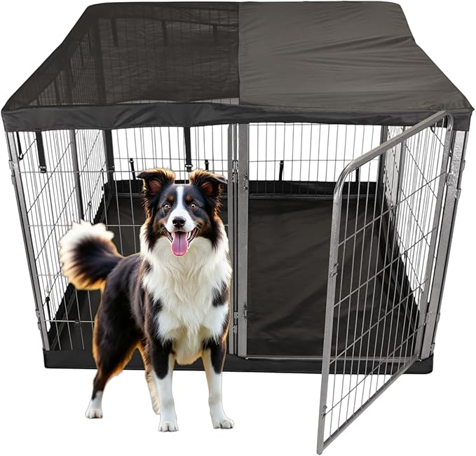 Dog Playpen w/Square Bottom Pad & Top Cover - 40 inch, 8 Panel Portable Grey Metal Pet Play Pen for Medium and Large Dogs - Indoor/Outdoor Kennel Cage for Home, Yard, RV, or Camping